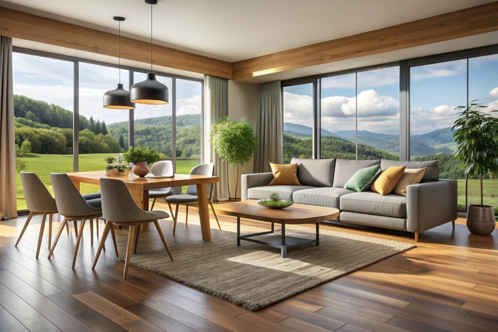 corner-view-home-living-room-interior-with-dining-table-seats-sofa-armchair-with-coffee-table-carpet-hardwood-floor-panoramic-window-countryside-3d-rendering