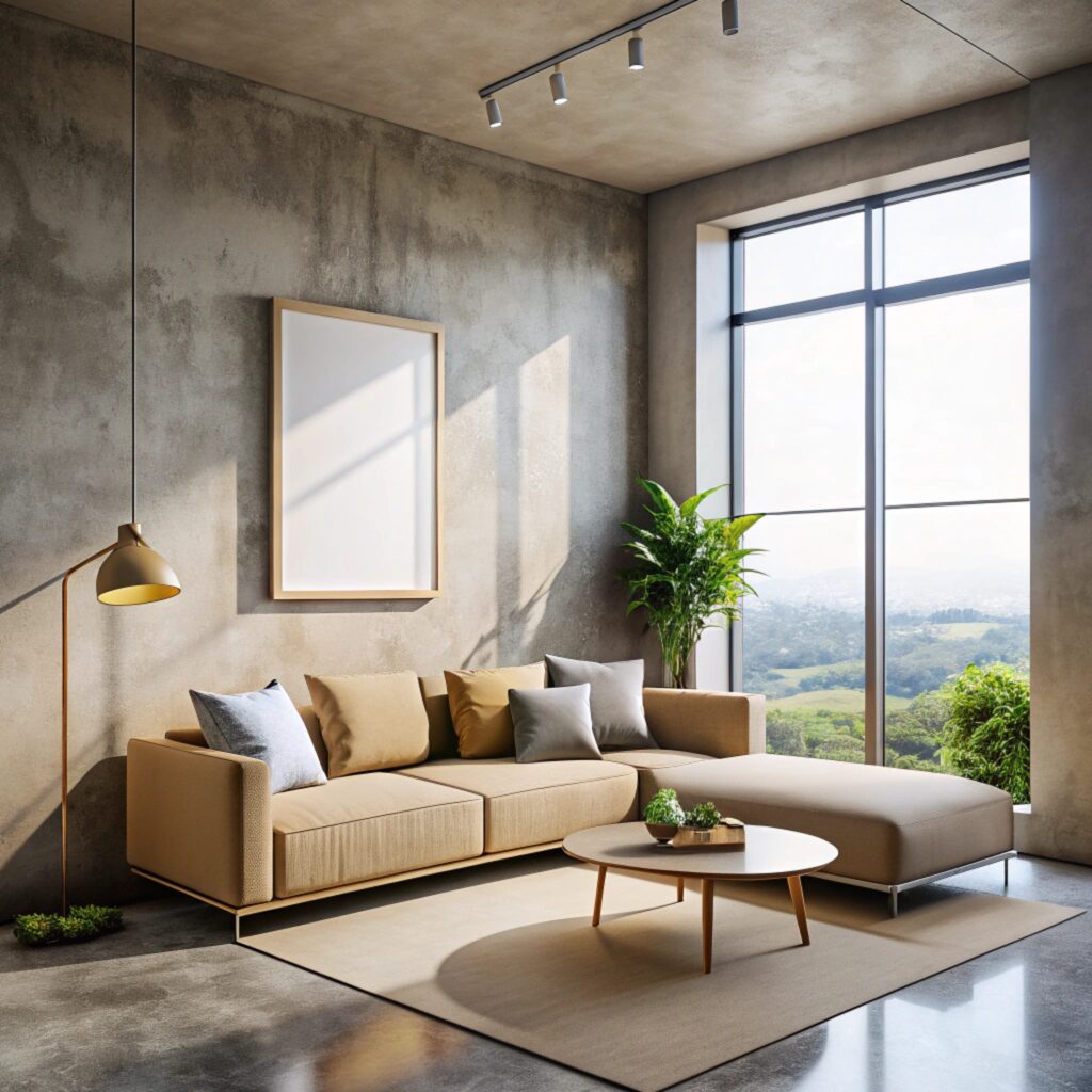 corner-view-home-living-room-interior-with-sofa-podium-concrete-floor-beige-chill-space-with-panoramic-window-mock-up-canvas-poster-3d-rendering