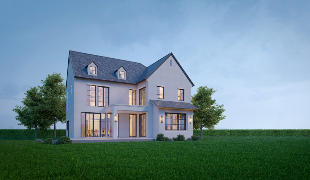 cottage-house-exterior-with-lawn-grass-blue-sky-evening-scenery3d-rendering